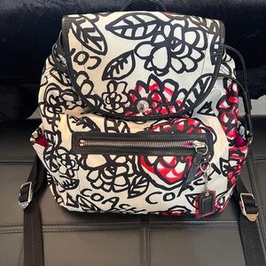 Coach Poppy Daisy Graffiti Sateen Backpack with Black, White, Red, Pink